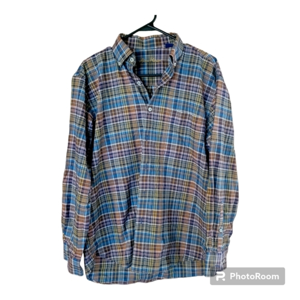 Mens Alan Flusser plaid button up down dress shirt size medium Blue Orange